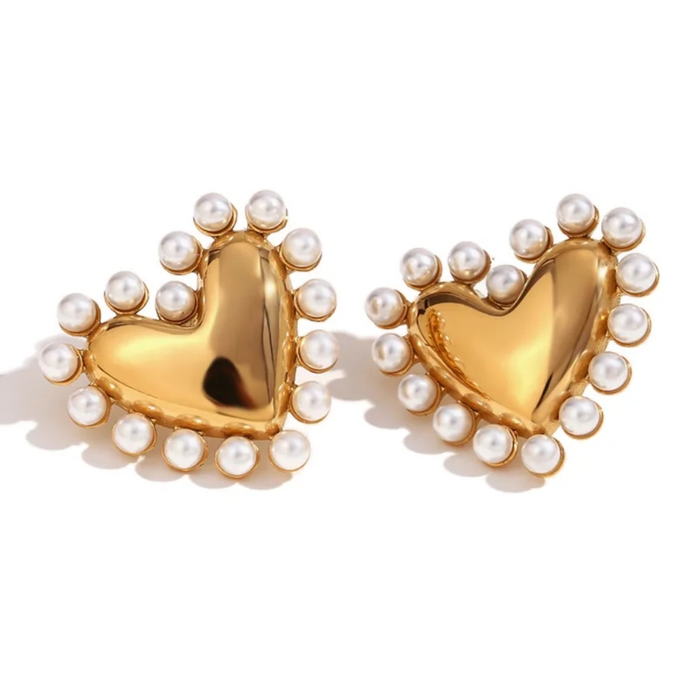 Modern heart earrings with artificial pearls, stainless steel, gold